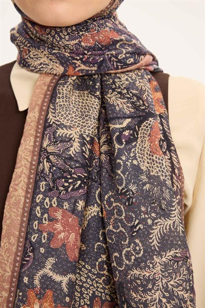 Tencel Monare Şal Indigo Vintage Botanik Desen 75x195