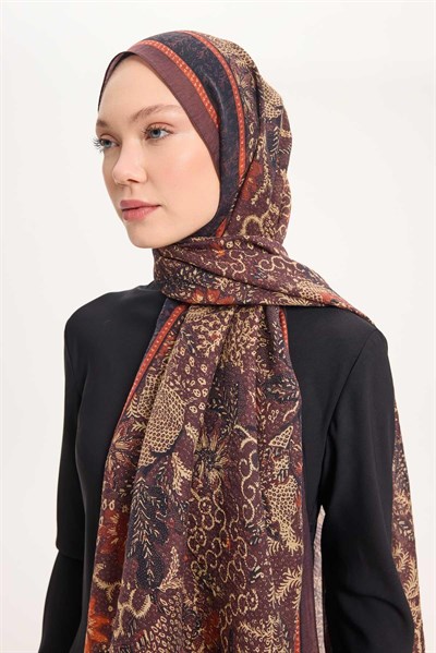 Tencel Monare Şal Kahve Bordo Vintage Botanik Desen 75x195