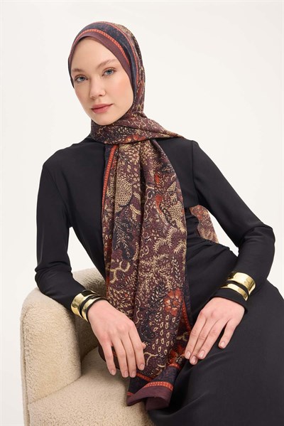 Tencel Monare Şal Kahve Bordo Vintage Botanik Desen 75x195