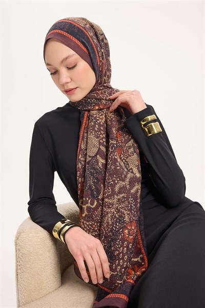 Tencel Monare Şal Kahve Bordo Vintage Botanik Desen 75x195