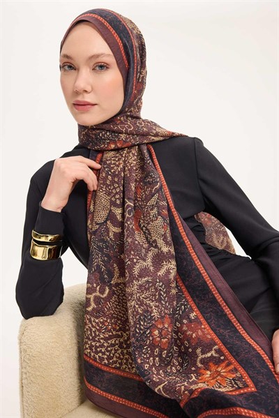 Tencel Monare Şal Kahve Bordo Vintage Botanik Desen 75x195