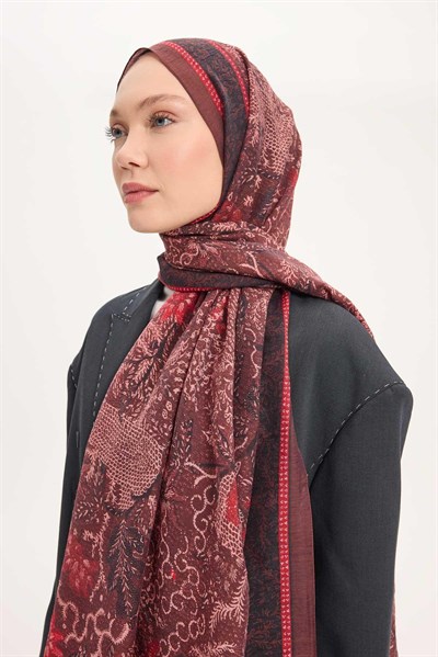 Tencel Monare Şal Bordo Vintage Botanik Desen 75x195