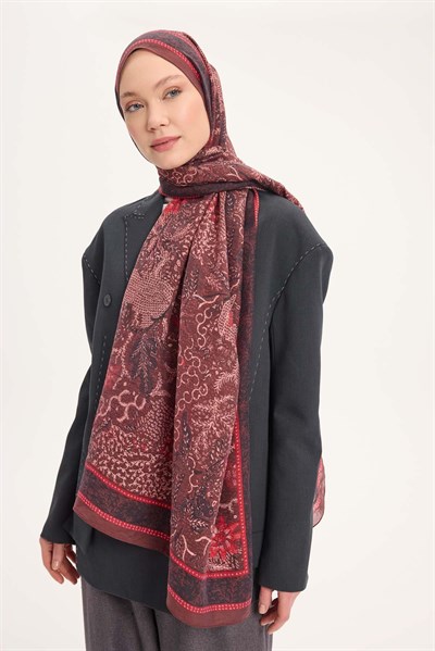 Tencel Monare Şal Bordo Vintage Botanik Desen 75x195