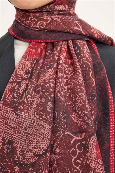 Tencel Monare Şal Bordo Vintage Botanik Desen 75x195