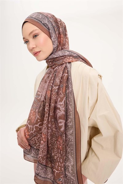 Tencel Monare Şal Mocha Mouse Vintage Botanik Desen 75x195