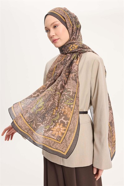 Tencel Monare Şal Haki Vintage Botanik Desen 75x195