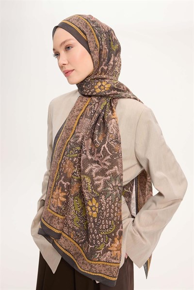 Tencel Monare Şal Haki Vintage Botanik Desen 75x195