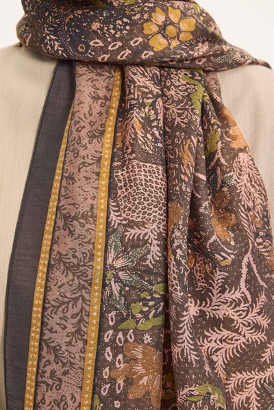 Tencel Monare Şal Haki Vintage Botanik Desen 75x195