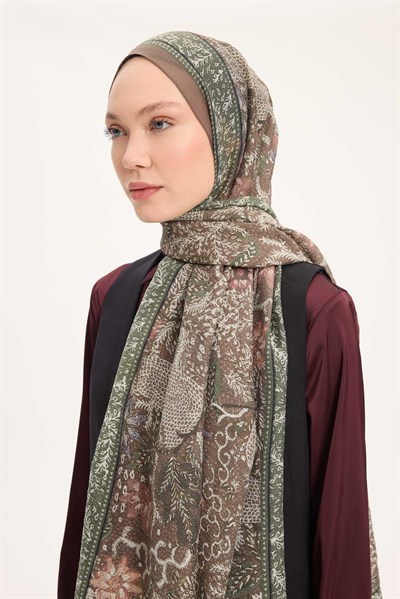 Tencel Monare Şal Koyu Vizon Vintage Botanik Desen 75x195