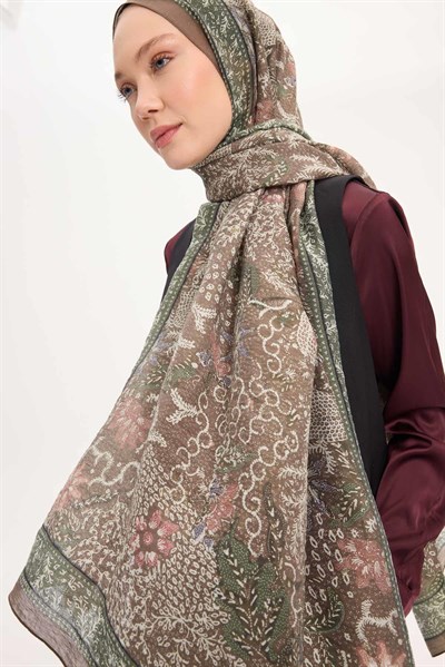 Tencel Monare Şal Koyu Vizon Vintage Botanik Desen 75x195