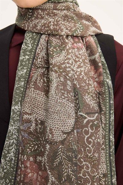 Tencel Monare Şal Koyu Vizon Vintage Botanik Desen 75x195