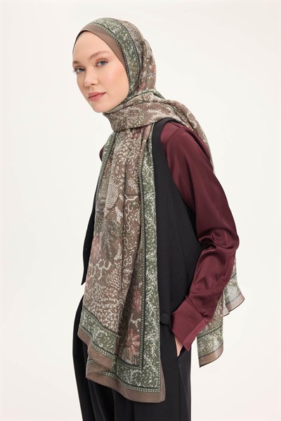 Tencel Monare Şal Koyu Vizon Vintage Botanik Desen 75x195
