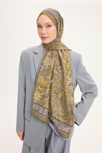 Tencel Monare Şal Yağ Yeşili Vintage Botanik Desen 75x195