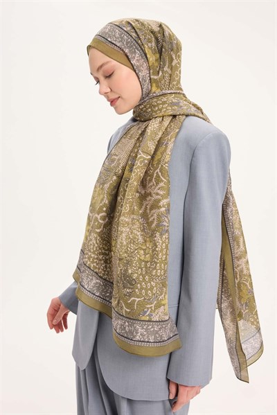 Tencel Monare Şal Yağ Yeşili Vintage Botanik Desen 75x195