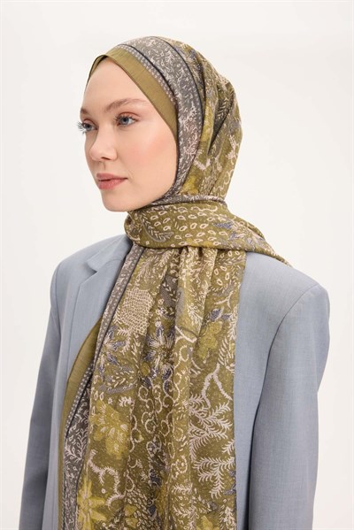 Tencel Monare Şal Yağ Yeşili Vintage Botanik Desen 75x195