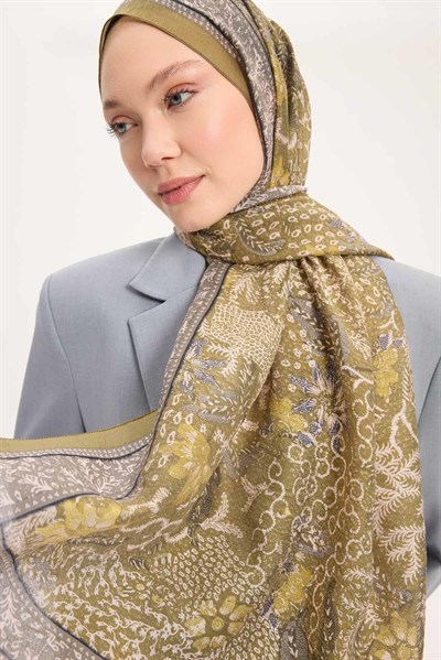 Tencel Monare Şal Yağ Yeşili Vintage Botanik Desen 75x195