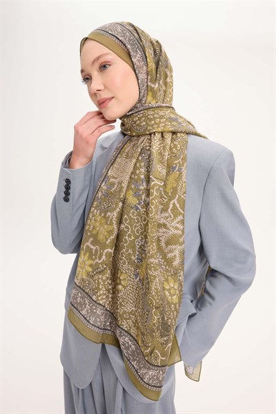 Tencel Monare Şal Yağ Yeşili Vintage Botanik Desen 75x195