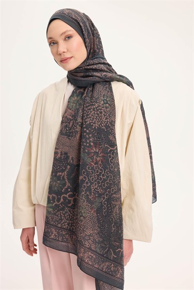 Tencel Monare Şal Petrol Yeşili Vintage Botanik Desen 75x195