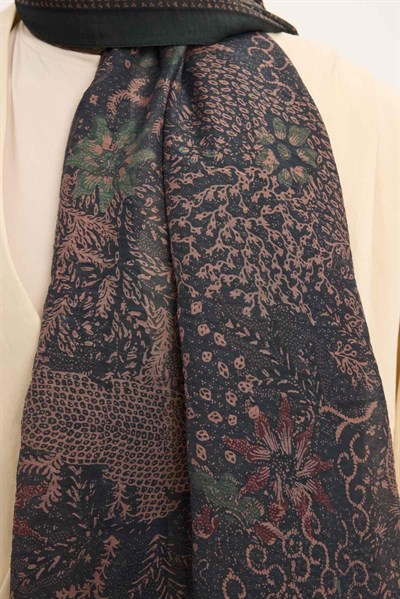 Tencel Monare Şal Petrol Yeşili Vintage Botanik Desen 75x195