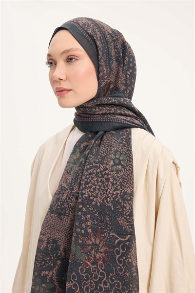 Tencel Monare Şal Petrol Yeşili Vintage Botanik Desen 75x195