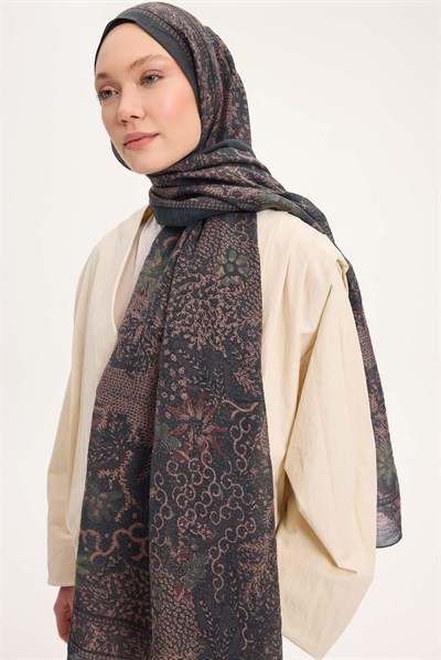 Tencel Monare Şal Petrol Yeşili Vintage Botanik Desen 75x195