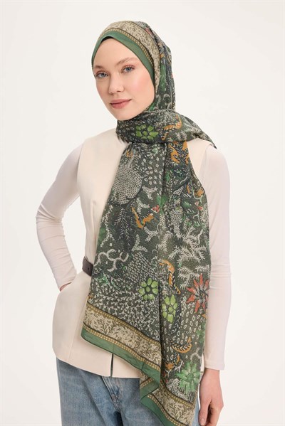 Tencel Monare Şal Yeşil Vintage Botanik Desen 75x195