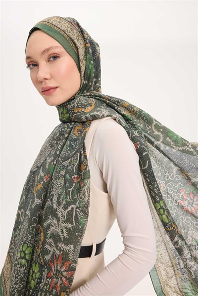 Tencel Monare Şal Yeşil Vintage Botanik Desen 75x195