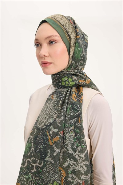 Tencel Monare Şal Yeşil Vintage Botanik Desen 75x195