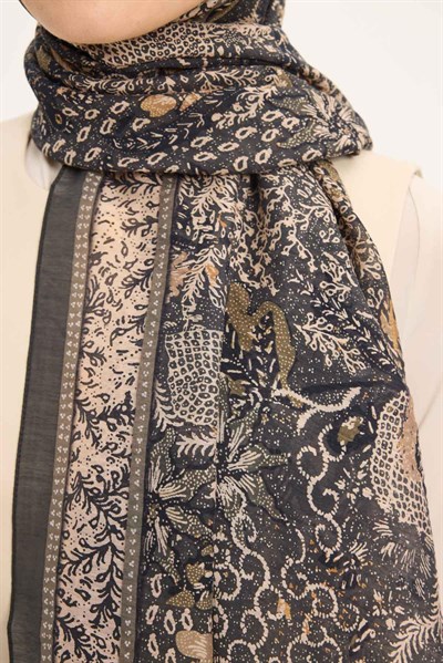 Tencel Monare Şal Zümrüt Vintage Botanik Desen 75x195