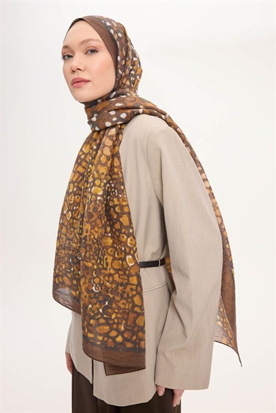 Tencel Monare Şal Kahve Taş Desen 75x195