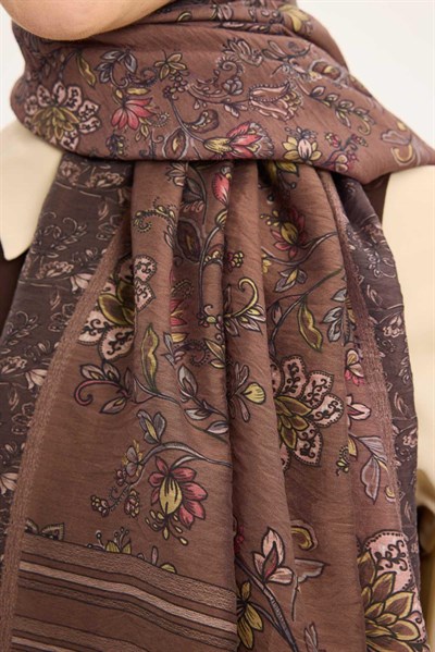 Tencel Monare Şal Acı Kahve Çiçek Desen 75x195