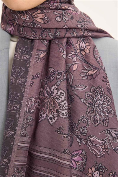 Tencel Monare Şal Antrasit Mor Çiçek Desen 75x195