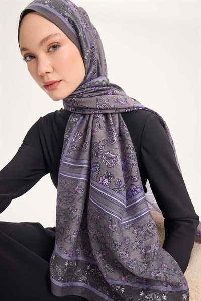 Tencel Monare Şal Koyu Gri Çiçek Desen 75x195