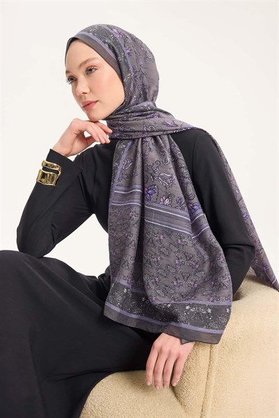 Tencel Monare Şal Koyu Gri Çiçek Desen 75x195