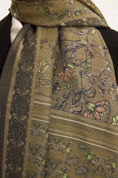 Tencel Monare Şal Asker Yeşili Çiçek Desen 75x195