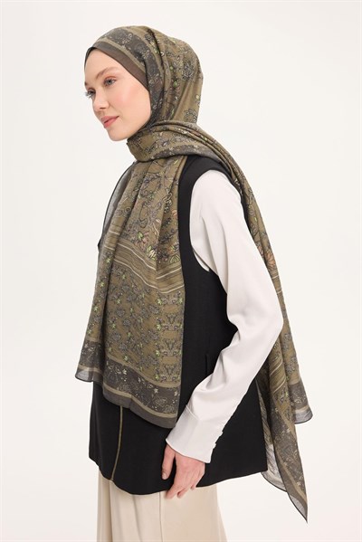 Tencel Monare Şal Asker Yeşili Çiçek Desen 75x195