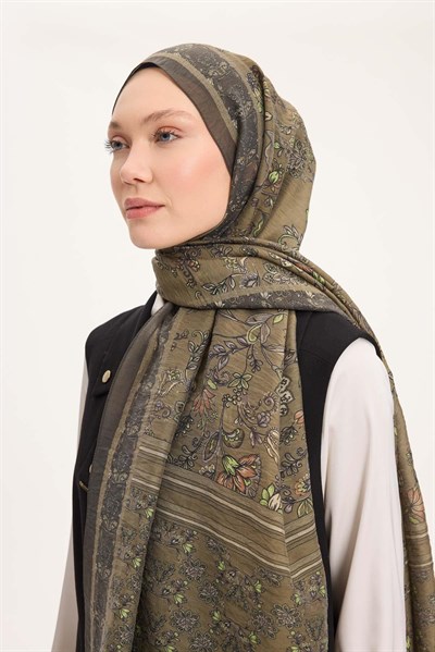 Tencel Monare Şal Asker Yeşili Çiçek Desen 75x195