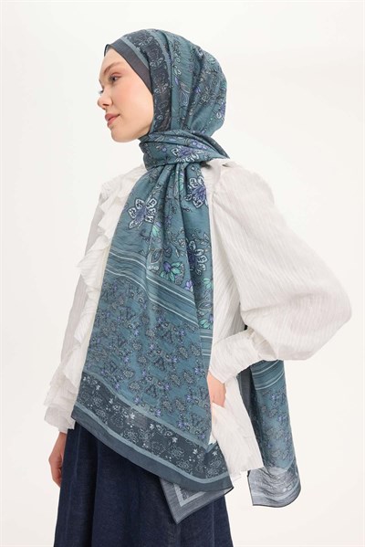 Tencel Monare Şal Petrol Mavisi Çiçek Desen 75x195