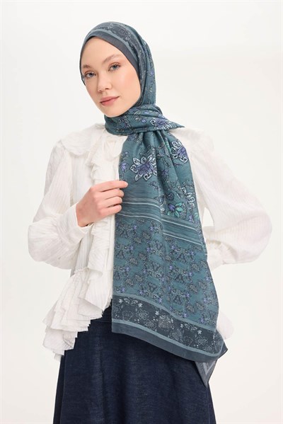 Tencel Monare Şal Petrol Mavisi Çiçek Desen 75x195