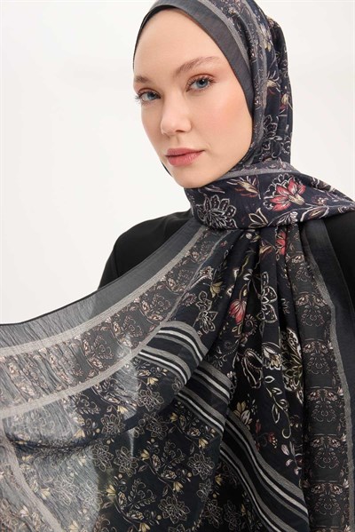 Tencel Monare Şal Antrasit Çiçek Desen 75x195