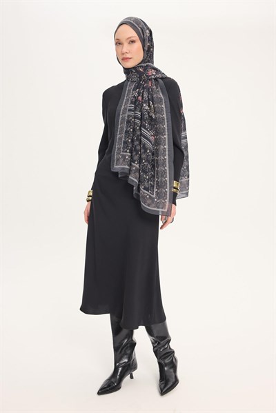 Tencel Monare Şal Antrasit Çiçek Desen 75x195
