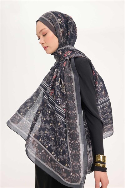 Tencel Monare Şal Antrasit Çiçek Desen 75x195