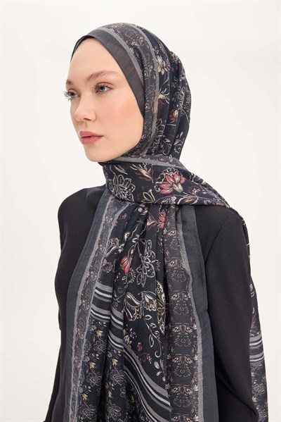 Tencel Monare Şal Antrasit Çiçek Desen 75x195