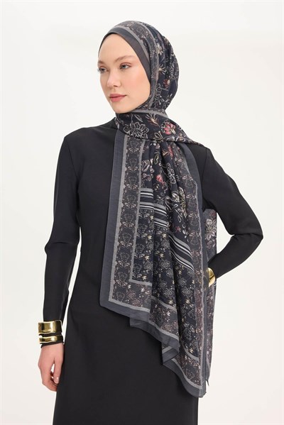 Tencel Monare Şal Antrasit Çiçek Desen 75x195