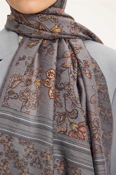 Tencel Monare Şal Açık Gri Çiçek Desen 75x195