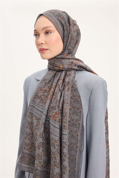 Tencel Monare Şal Açık Gri Çiçek Desen 75x195