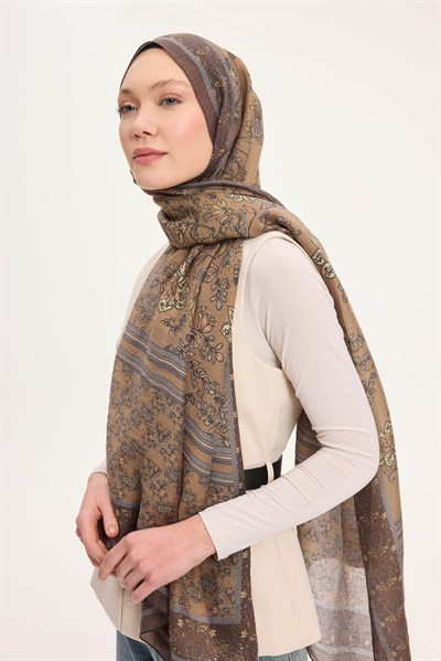 Tencel Monare Şal Acı Kahve Çiçek Desen 75x195