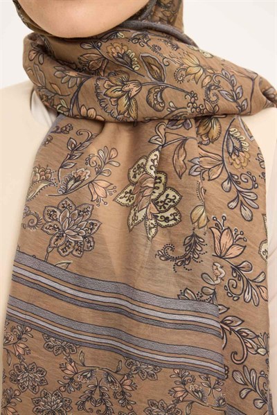 Tencel Monare Şal Acı Kahve Çiçek Desen 75x195