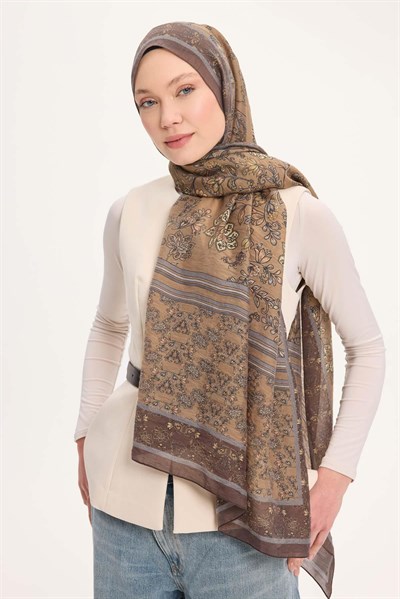 Tencel Monare Şal Acı Kahve Çiçek Desen 75x195
