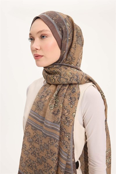 Tencel Monare Şal Acı Kahve Çiçek Desen 75x195
